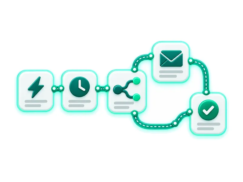 A Hyo Mail automation journey: a trigger, a wait, a condition that branches, a message and a completed step.